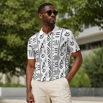 African Abstract Mudcloth Print Men's Heavyweight Polyester Polo Shirt | Afrocentric Menswear