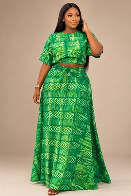 Women’s Green African Print Two-Piece Set – Short Sleeve Crop Top &amp; Flowy Maxi Skirt
