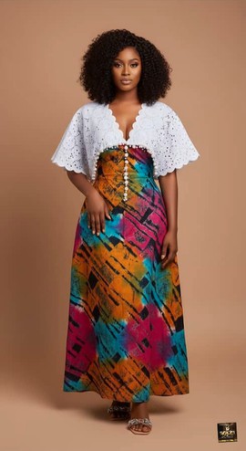 Multicolor Ankara Maxi Dress with White Eyelet Cape