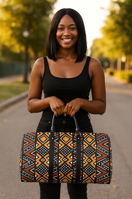 African Leather Bag for Travel Artistic Mud Cloth Pattern