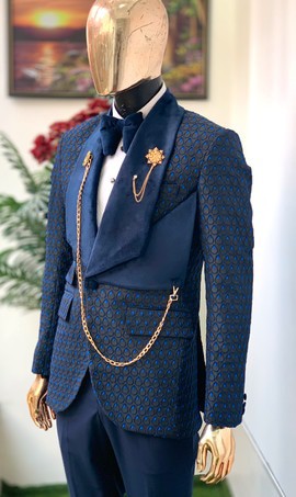 Blue crystal patterned jacquard tuxedo suit……………………………best seller