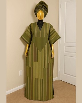 Women's Olive Green Aso Oke Striped Maxi Dress with Matching Headwrap