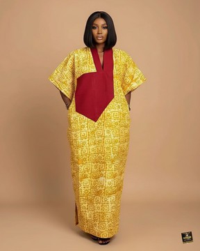 Golden Sun Adire Kaftan with Crimson Contrast