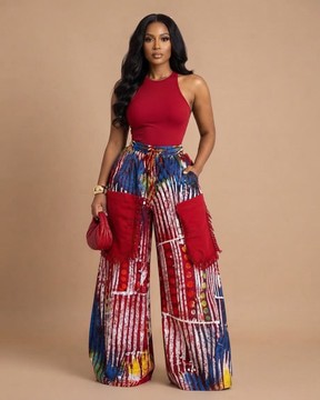 Multicolor Adire Print Wide-Leg Trousers with Red Pocket Details