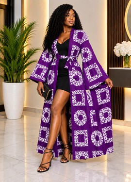Purple Ankara Long kimono women's outfit, Rich Anuty vibe Kimono with robe