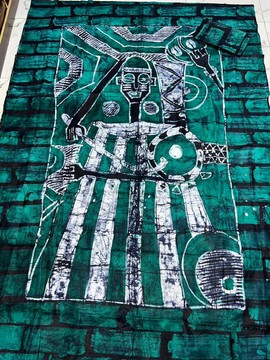 Batik Adire coton doux avec art dessiné à la main (Émeraude/blanc/noir)