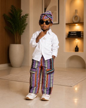 Boys White Cotton Shirt &amp; Multicolour Aso Oke Cargo Pants Set with Matching Cap