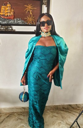 African Queen Long Lace Dress With Embellished Cape/Weddings/Special Occasions/Women Clothing