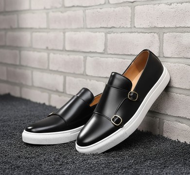Men’s Black Leather Monk-Strap Sneakers – Luxury Casual Slip-On Shoes with White Sole