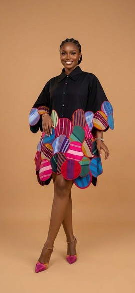 Robe-chemise circulaire en patchwork Aso-Oke multicolore éclatant