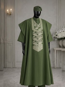 Ensemble Agbada vert olive royal – Tenue traditionnelle de luxe brodée pour homme avec bonnet Fila