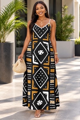Robe longue élégante à col V avec poches pour femme, imprimé bogolan ancien