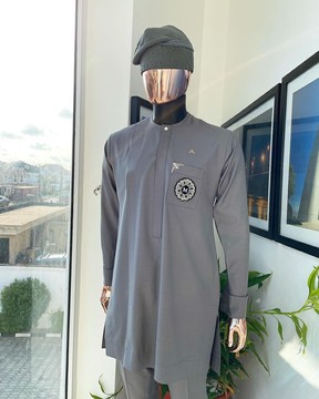 A Lava Grey, front flap, hand beaded patch design &amp; Swarovski button details kaftan