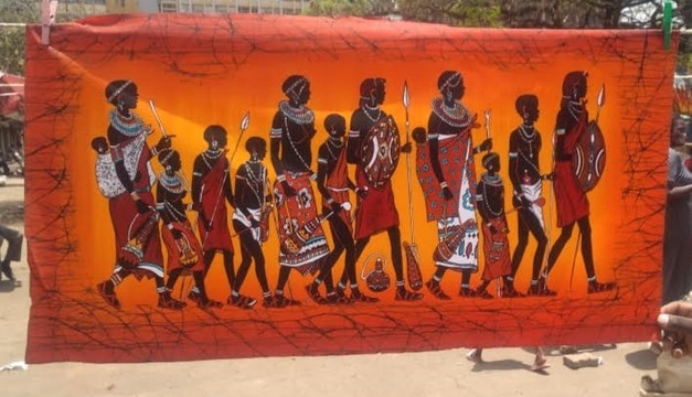 Batik de migration de la communauté masaï, décoration murale ethnique représentant les Maasai, batik à la cire de bougie