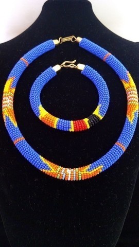 African Blue beaded necklace, Beaded tribal necklace, Rope necklace, Boho necklace