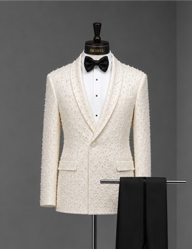 Costume croisé écru à revers châle en jacquard entièrement perlé