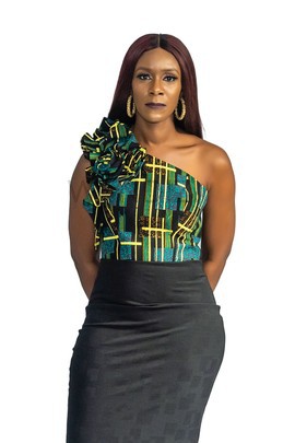 Ankara One Shoulder Rosette Lycra Mix Dress, African Print Dress, Ankara Maxi Dress