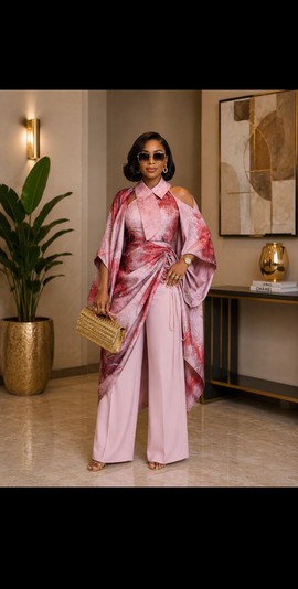 Ensemble cape portefeuille à imprimé aquarelle rose blush et pantalon large pour femme