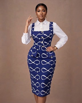 Royal Blue and White Adire Print Pinafore Midi Dress with Blouse Set