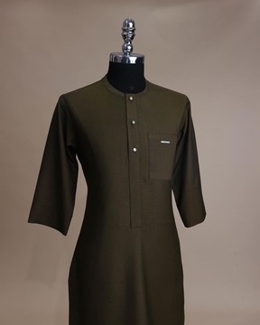 A Dark Olive Green, front flap with clear view Swarovski button, 3/4 sleeve kaftan