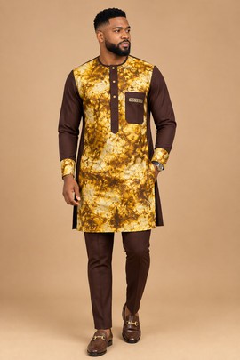 Tenue traditionnelle africaine marron et or pour homme – Tunique à manches longues et pantalon assorti