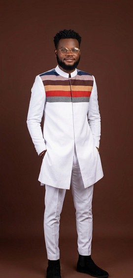 White Longline Senator Suit with Multicolor Stripe Detail