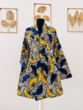 Ensemble deux pièces wax - kimono - jupe - poche 1 fleurs de mariage bleu jaune