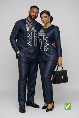 Couples Native Wear Set – Navy Denim Senator Top &amp; Trousers with Silver Embroidery"