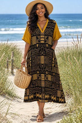 Robe midi ample à col en V en bogolan afrocentrique pour femme | Mode bogolan | Bynelo