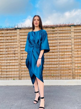 Ensemble robe portefeuille - jupe cache cœur en satin - bleu canard