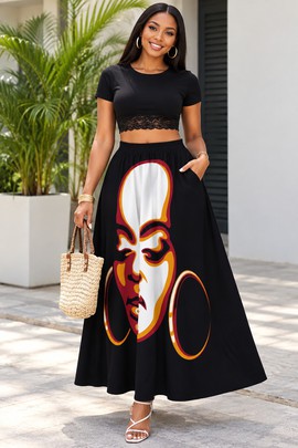 Jupe maxi imprimée abstraite représentant le visage d’une femme africaine, en mousseline, avec doublure | Jupe d’art africain