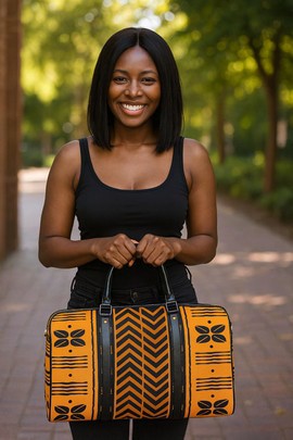 African Leather Bag for Travel Mud Cloth Cowrie Pattern