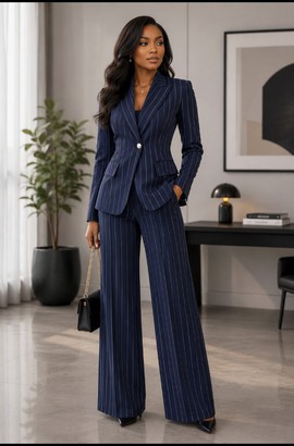Ensemble de bureau deux pièces pour femme en laine mélangée bleu marine à fines rayures, avec blazer et pantalon à jambes larges