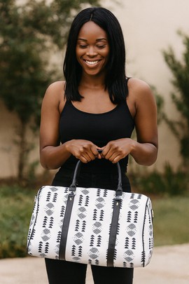 African Leather Bag for Travel Ethnic White &amp; Black Print