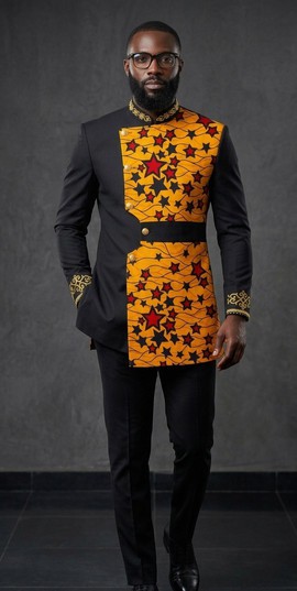 Ensemble homme deux pièces noir en tissu Ankara avec broderie