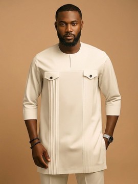 Tenue sénateur safari blanc crème à plis piqués – Ensemble homme 2 pièces avec tunique à manches mi-longues et pantalon