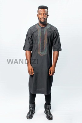 Black Tunic with multicoloured thread design, Mens Tunic, Mens Shirt, Mens Top
