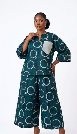 Ensemble deux pièces Ankara bleu sarcelle pour femme avec pantalon palazzo à jambes larges
