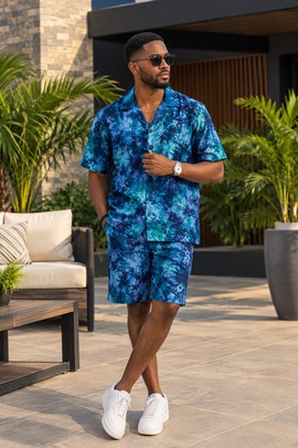 Ensemble 2 pièces bleu pour homme en imprimé Adire – Chemise à manches courtes et short assorti