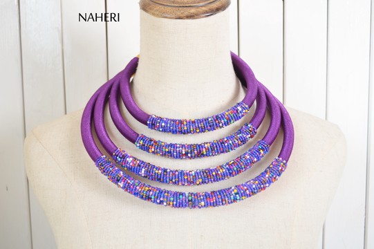 African inspired beaded layered necklace set | Handmade purple tribal neck piece