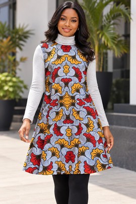 African Ankara Wedding Flower Women's Turtleneck Tunic Dress | Ankara Fashion | Bynelo