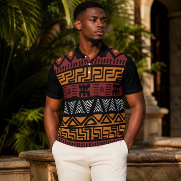 African Heritage Mudcloth Print Men's Heavyweight Polyester Polo Shirt | Bogolan Shirt | Bynelo
