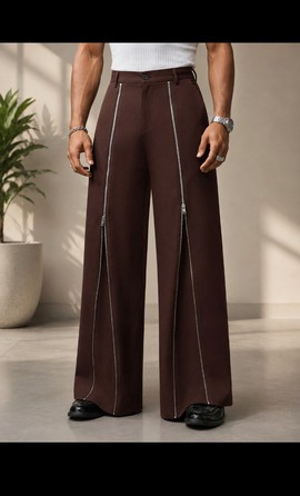 Men's Brown Wide-Leg Trousers with Exposed Zip Detail – Suiting Fabric Statement Pants