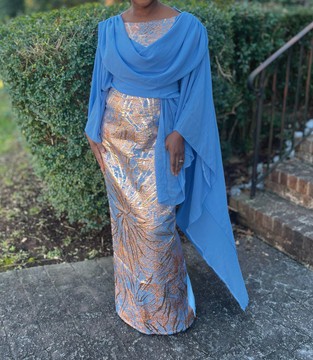 Elegant Blue and Gold Metallic Handmade Maxi Evening Gown with Draped Cape