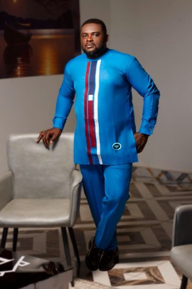 Manuel Fashion Blue Kaftan with Striped Accents