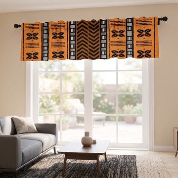 Orange and Rustic Bogolan Curtain Valance | African Mudcloth Window Treatment | Bynelo