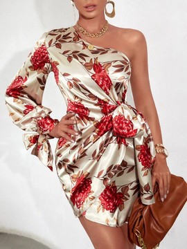 floral satin dress - one shoulder dress
