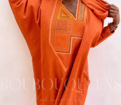 African Boubou dress for women "Diena" Orange in glazed linen — With scarf