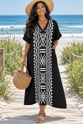 Tribal African Print Women's Loose V-Neck Midi Dress | African Fashion | Bynelo