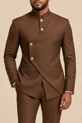 2-Piece Suit Set with Gold Buttons, Asymmetrical Mandarin Collar Jacket and Matching Trousers
